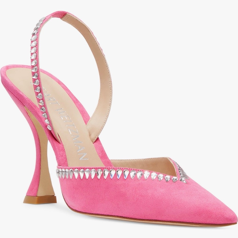 Stuart Weitzman Hot Pink Suede Pointed Slingback Heels with Crystal Trim